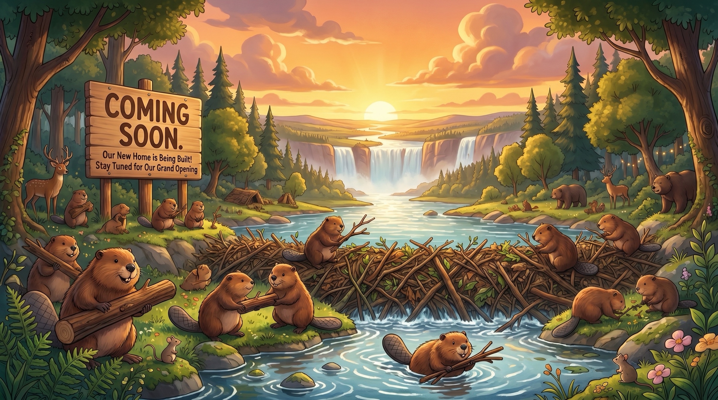 A colony of cartoon beavers building a dam at sunset, beside a wooden sign reading ‘Coming soon — our new home is being built. Stay tuned for our grand opening.’